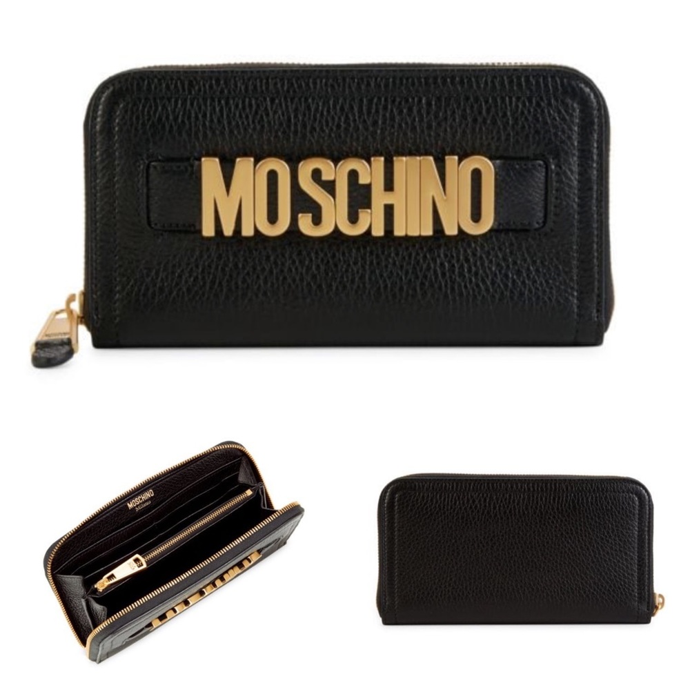 New! Moschino Pebbled Leather Zip Around Wallet with Logo Lettering